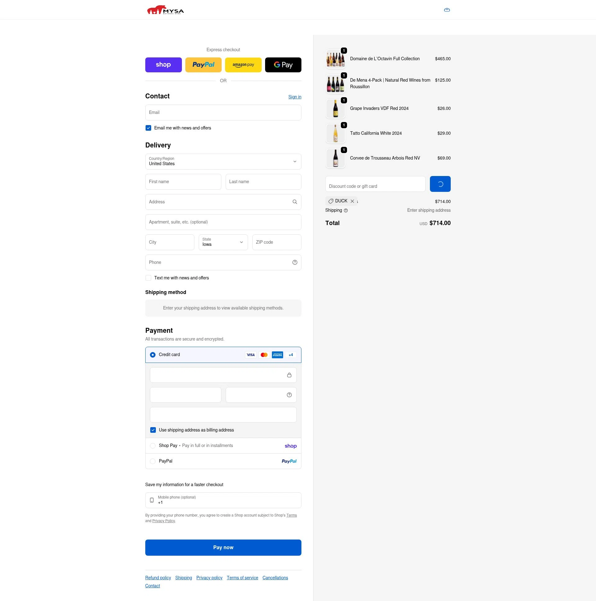 MYSA Natural Wine checkout page showing MYSA Natural Wine promo code box | Screenshot taken by SimplyCodes community member on Feb 6, 2026