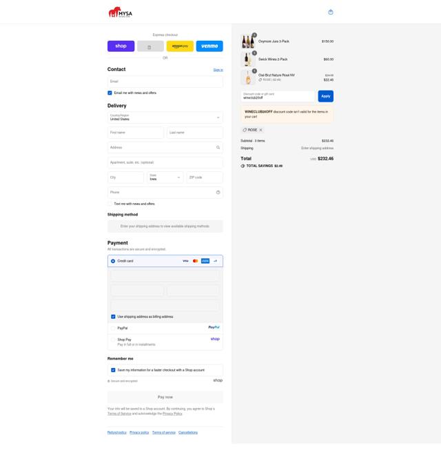 MYSA Natural Wine checkout page showing MYSA Natural Wine promo code box | Screenshot taken by SimplyCodes community member on Sep 10, 2025