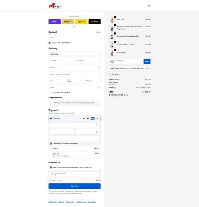 MYSA Natural Wine checkout page showing MYSA Natural Wine promo code box | Screenshot taken by SimplyCodes community member on Oct 4, 2025
