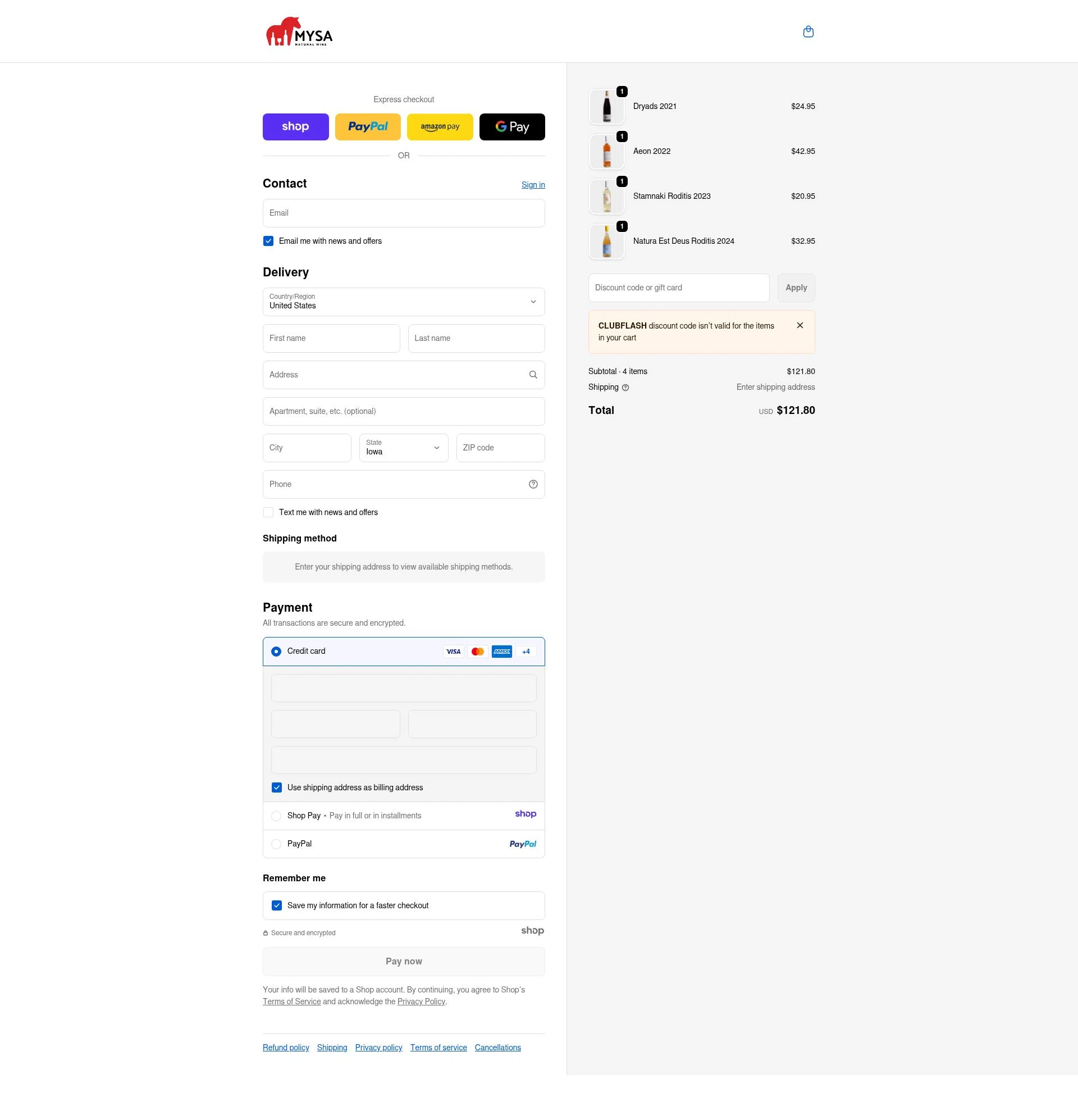 MYSA Natural Wine checkout page showing MYSA Natural Wine promo code box | Screenshot taken by SimplyCodes community member on Jan 14, 2026