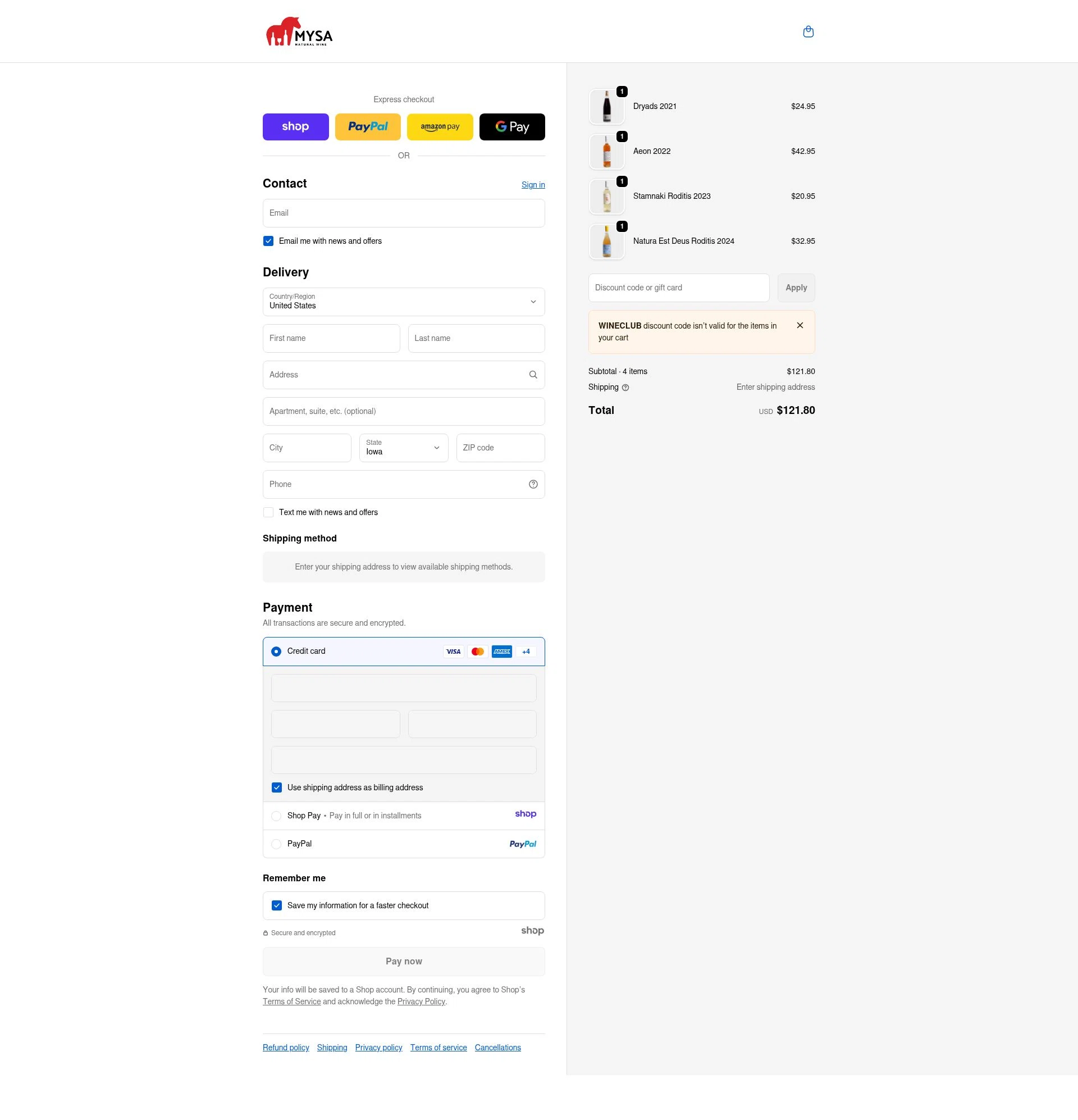 MYSA Natural Wine checkout page showing MYSA Natural Wine promo code box | Screenshot taken by SimplyCodes community member on Jan 14, 2026