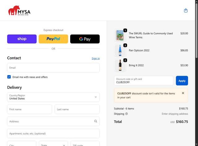 MYSA Natural Wine checkout page showing MYSA Natural Wine promo code box | Screenshot taken by SimplyCodes community member on Oct 6, 2025