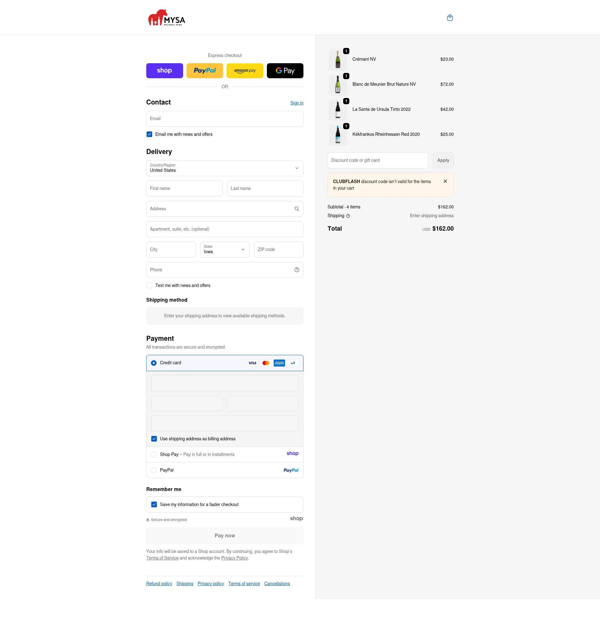 MYSA Natural Wine checkout page showing MYSA Natural Wine promo code box | Screenshot taken by SimplyCodes community member on Dec 25, 2025