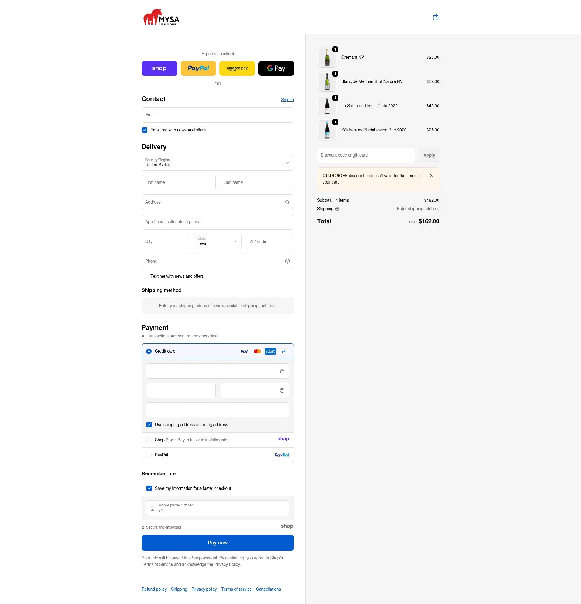 MYSA Natural Wine checkout page showing MYSA Natural Wine promo code box | Screenshot taken by SimplyCodes community member on Dec 25, 2025