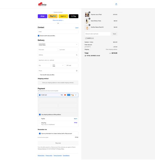 MYSA Natural Wine checkout page showing MYSA Natural Wine promo code box | Screenshot taken by SimplyCodes community member on Sep 5, 2025