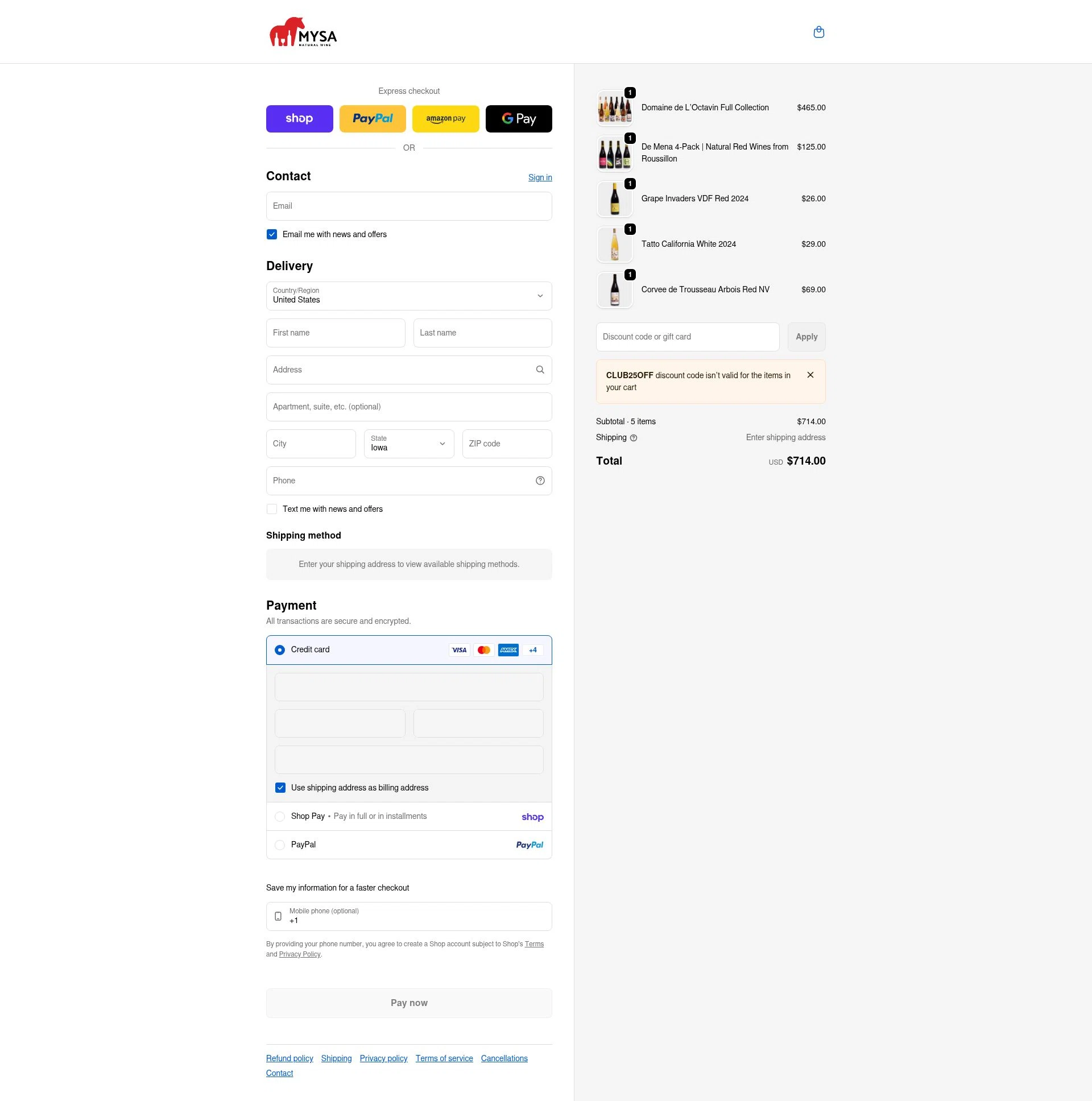 MYSA Natural Wine checkout page showing MYSA Natural Wine promo code box | Screenshot taken by SimplyCodes community member on Feb 19, 2026