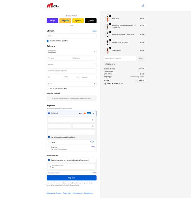MYSA Natural Wine checkout page showing MYSA Natural Wine promo code box | Screenshot taken by SimplyCodes community member on Oct 4, 2025