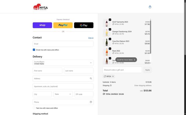 MYSA Natural Wine checkout page showing MYSA Natural Wine promo code box | Screenshot taken by SimplyCodes community member on Oct 6, 2025