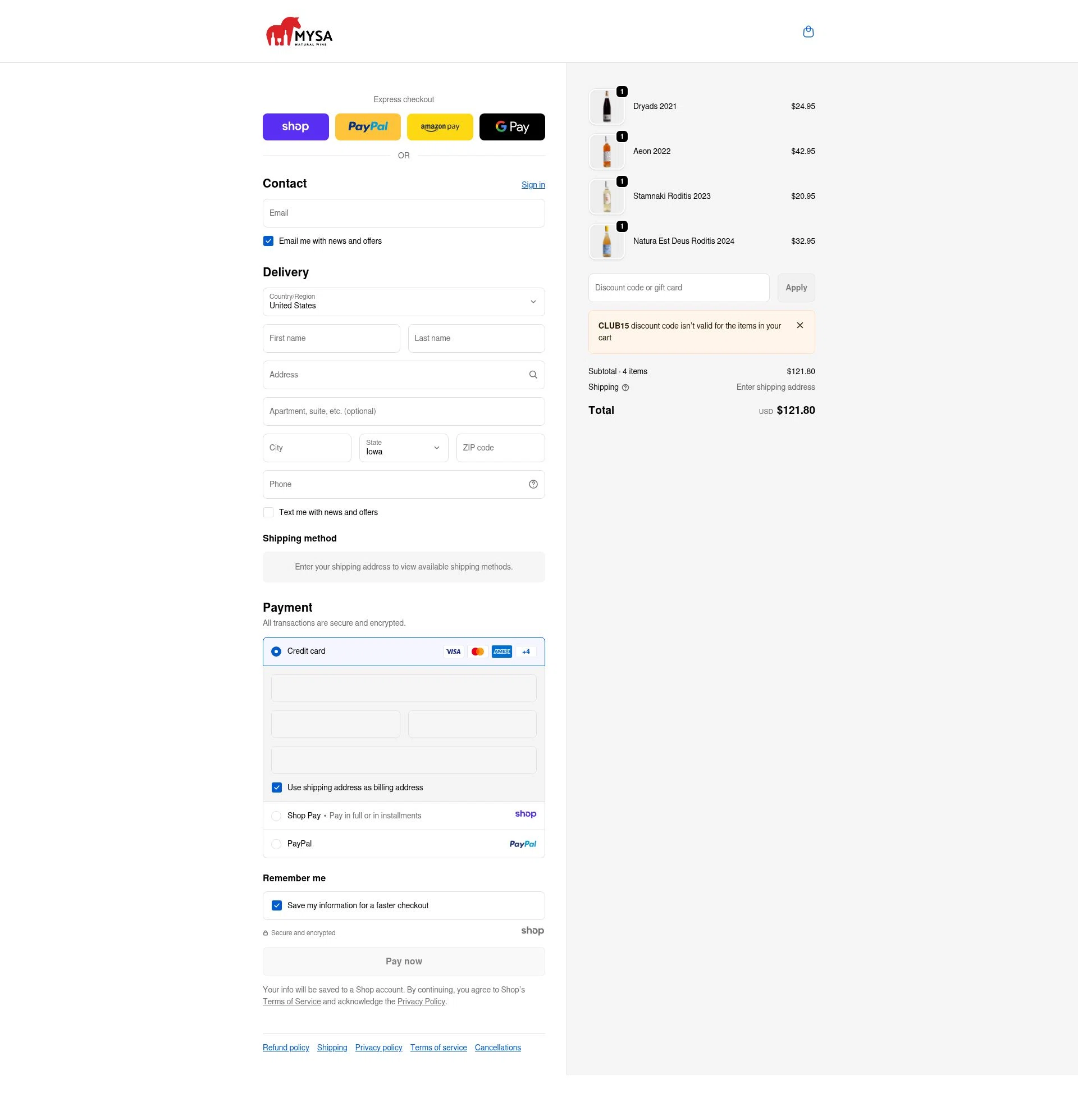 MYSA Natural Wine checkout page showing MYSA Natural Wine promo code box | Screenshot taken by SimplyCodes community member on Jan 14, 2026