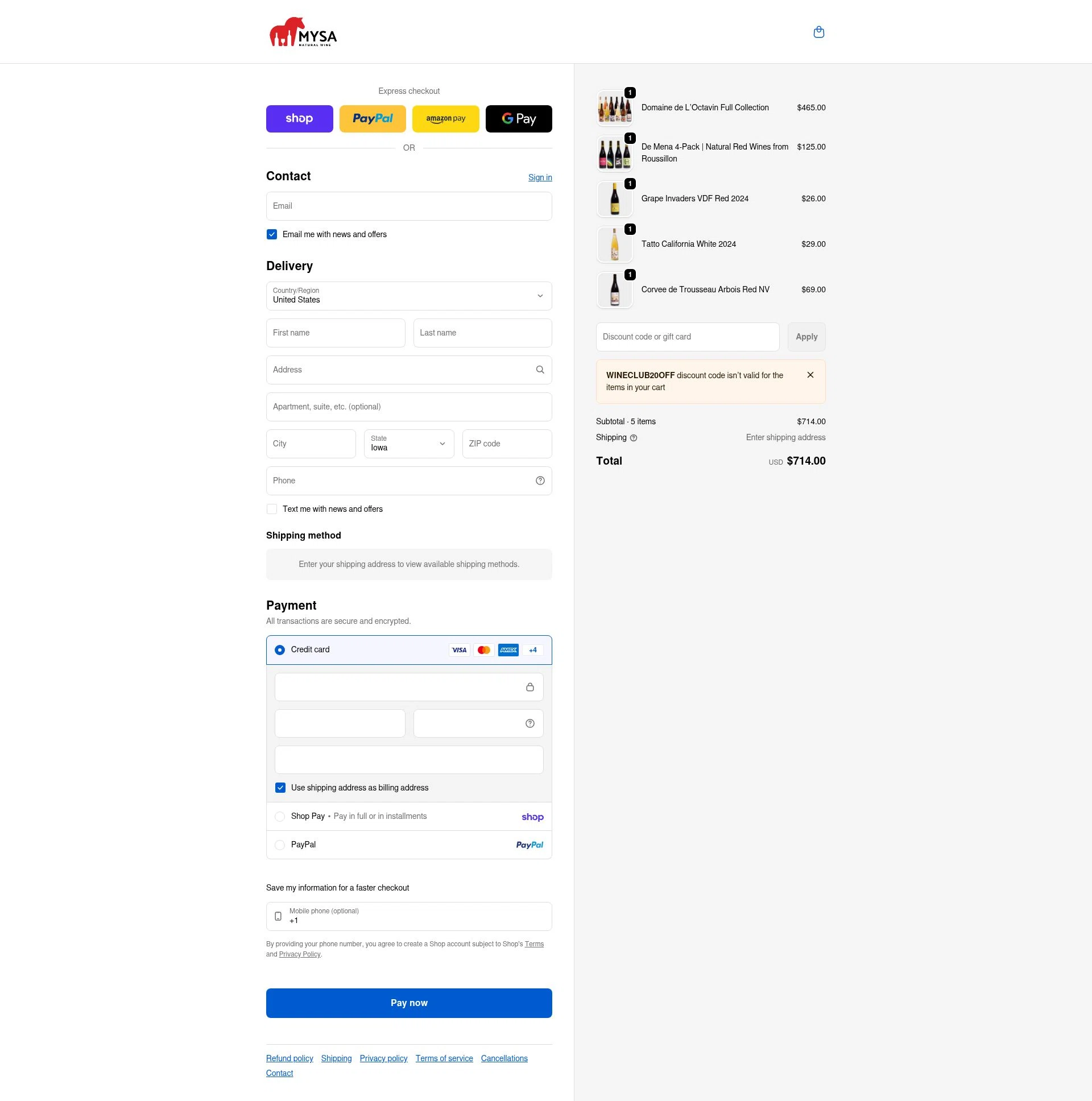 MYSA Natural Wine checkout page showing MYSA Natural Wine promo code box | Screenshot taken by SimplyCodes community member on Feb 24, 2026