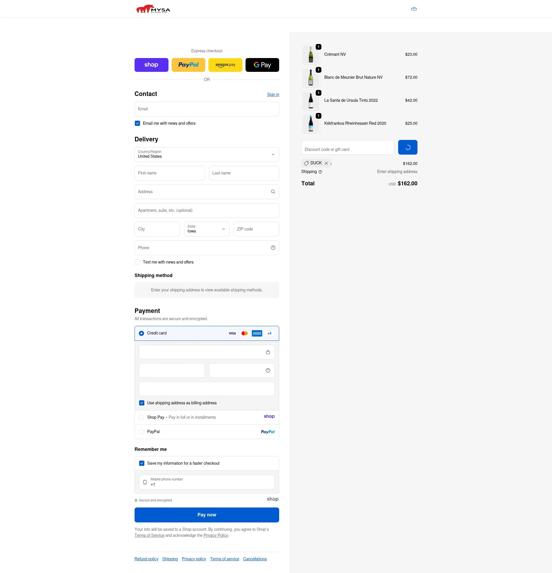 MYSA Natural Wine checkout page showing MYSA Natural Wine promo code box | Screenshot taken by SimplyCodes community member on Dec 25, 2025