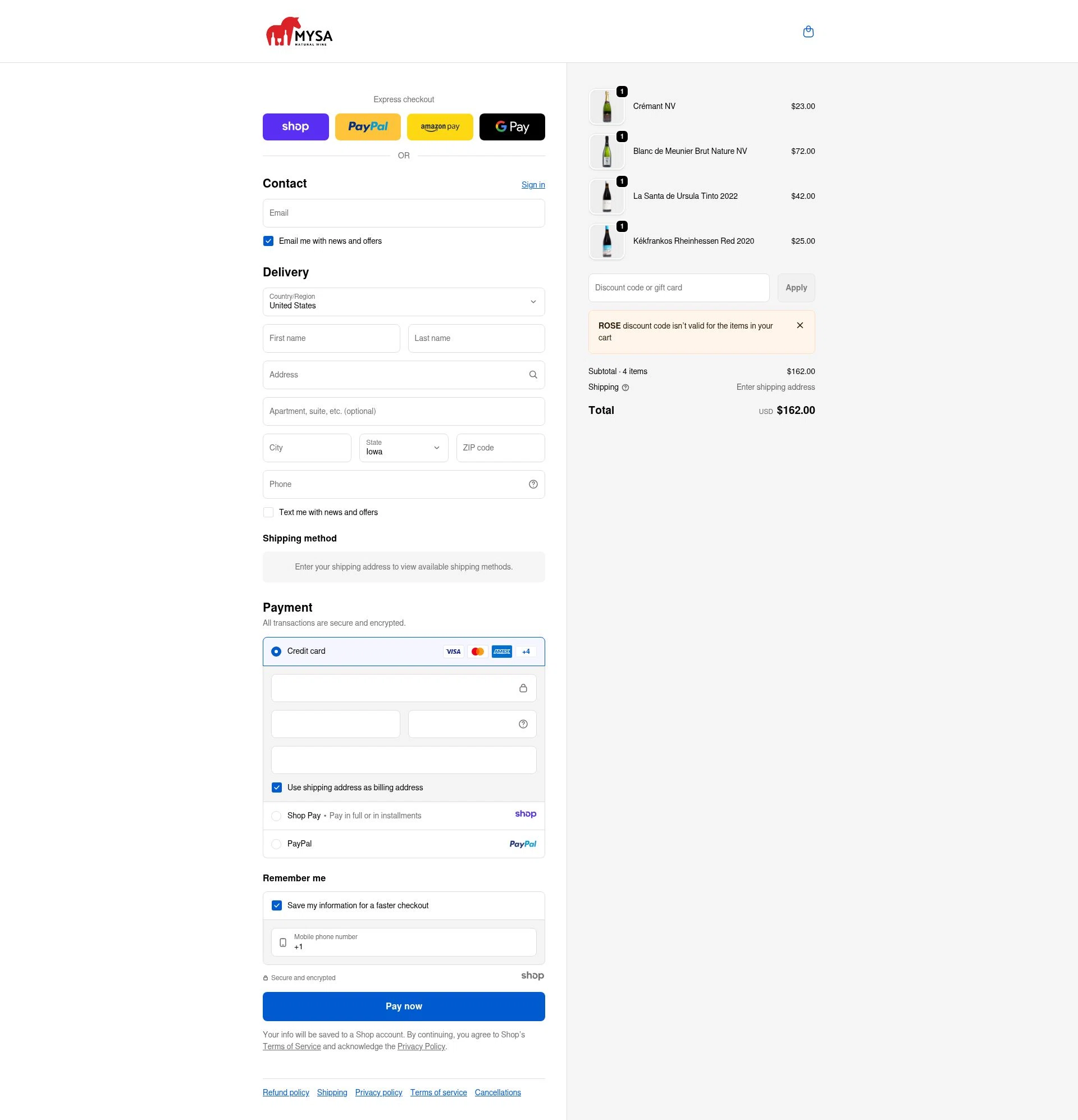 MYSA Natural Wine checkout page showing MYSA Natural Wine promo code box | Screenshot taken by SimplyCodes community member on Dec 25, 2025