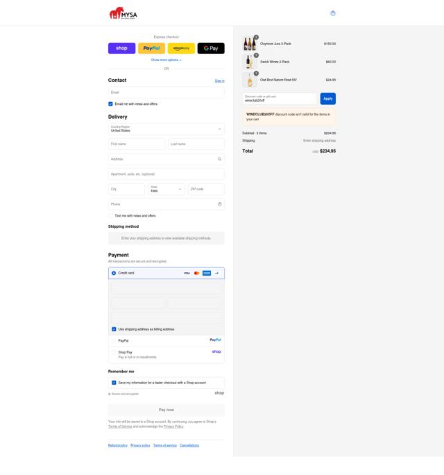 MYSA Natural Wine checkout page showing MYSA Natural Wine promo code box | Screenshot taken by SimplyCodes community member on Sep 13, 2025