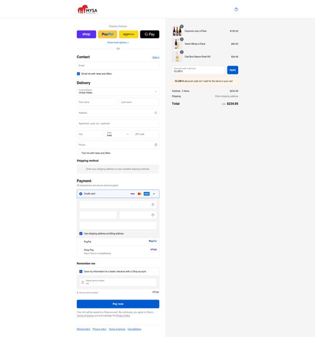 MYSA Natural Wine checkout page showing MYSA Natural Wine promo code box | Screenshot taken by SimplyCodes community member on Sep 13, 2025