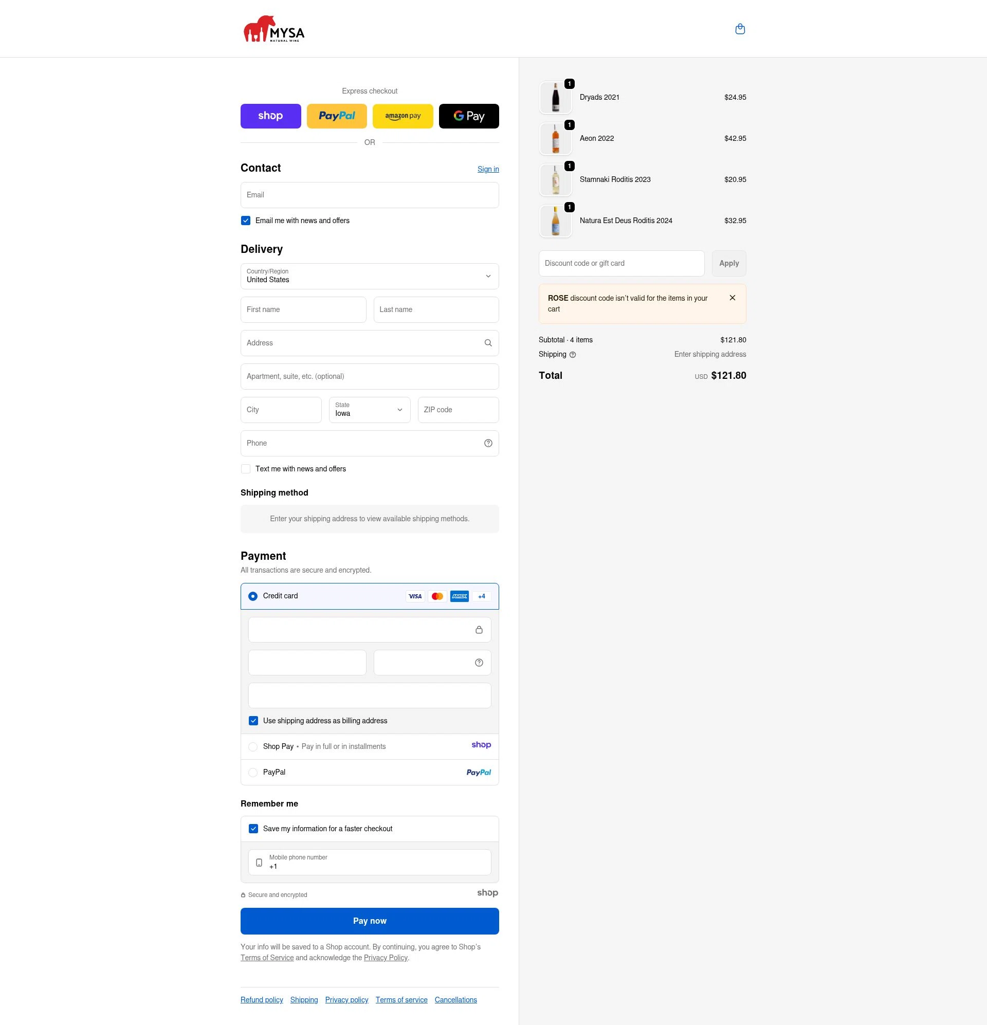 MYSA Natural Wine checkout page showing MYSA Natural Wine promo code box | Screenshot taken by SimplyCodes community member on Jan 14, 2026