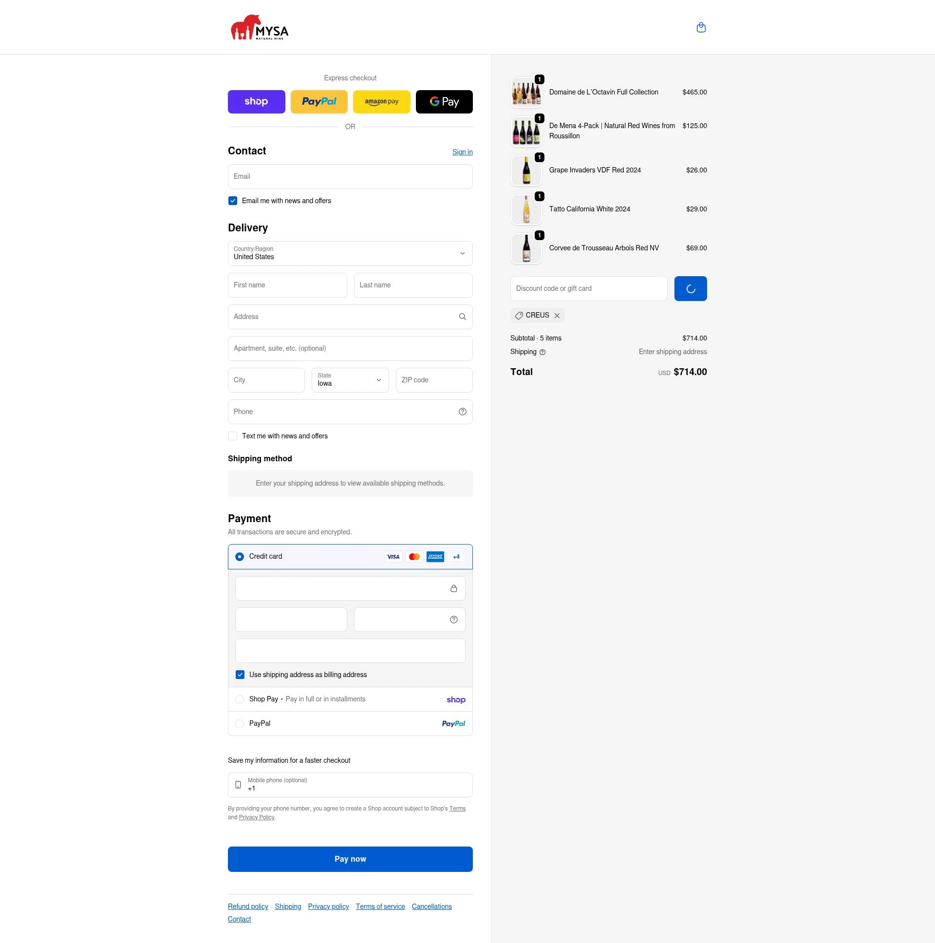 MYSA Natural Wine checkout page showing MYSA Natural Wine promo code box | Screenshot taken by SimplyCodes community member on Feb 24, 2026