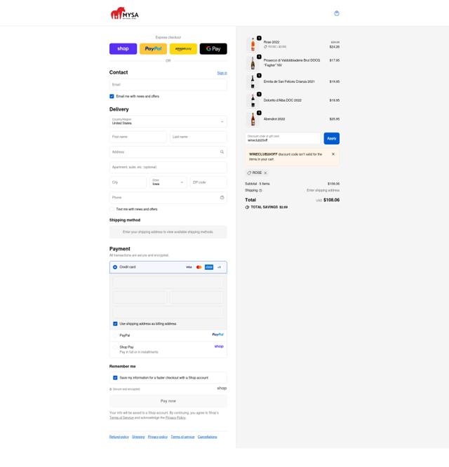 MYSA Natural Wine checkout page showing MYSA Natural Wine promo code box | Screenshot taken by SimplyCodes community member on Sep 30, 2025