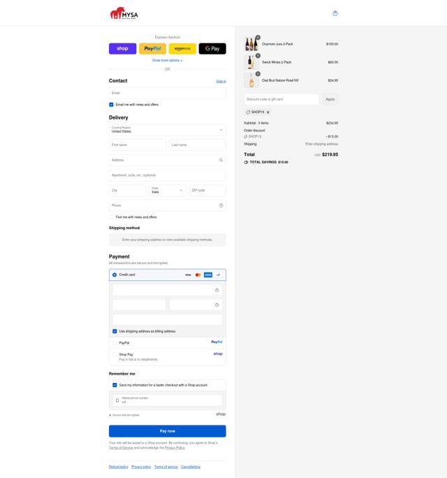 MYSA Natural Wine checkout page showing MYSA Natural Wine promo code box | Screenshot taken by SimplyCodes community member on Sep 13, 2025