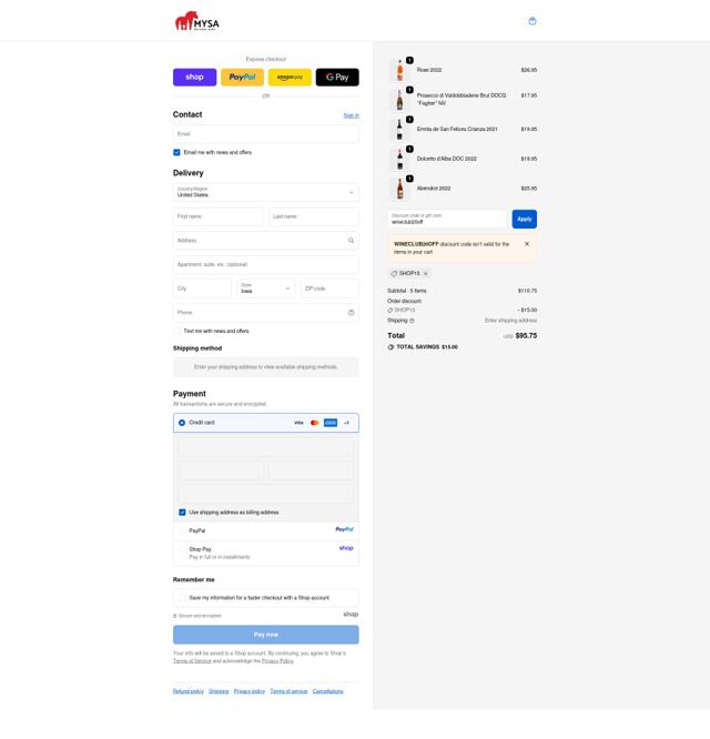 MYSA Natural Wine checkout page showing MYSA Natural Wine promo code box | Screenshot taken by SimplyCodes community member on Oct 4, 2025