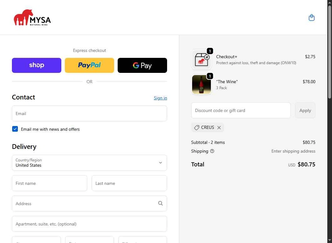 MYSA Natural Wine checkout page showing MYSA Natural Wine promo code box | Screenshot taken by SimplyCodes community member on Feb 24, 2026