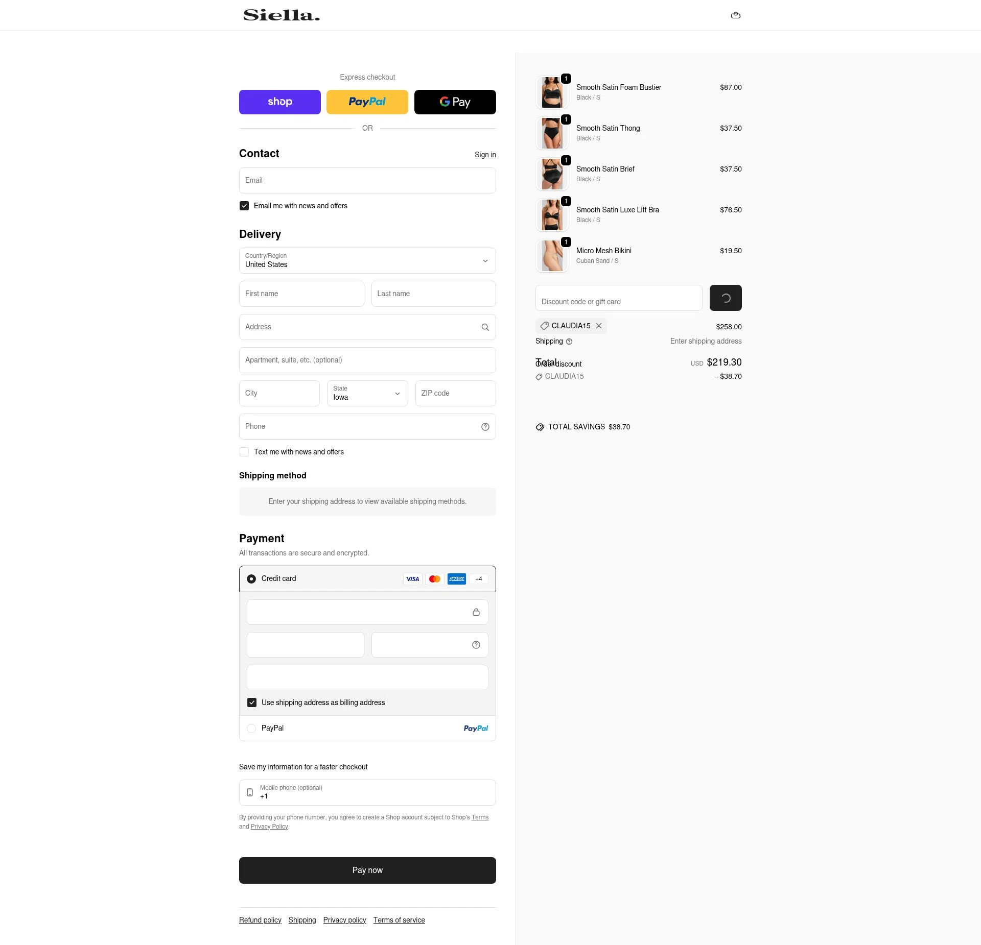 Siella checkout page showing Siella discount code box | Screenshot taken by SimplyCodes community member on Feb 19, 2026