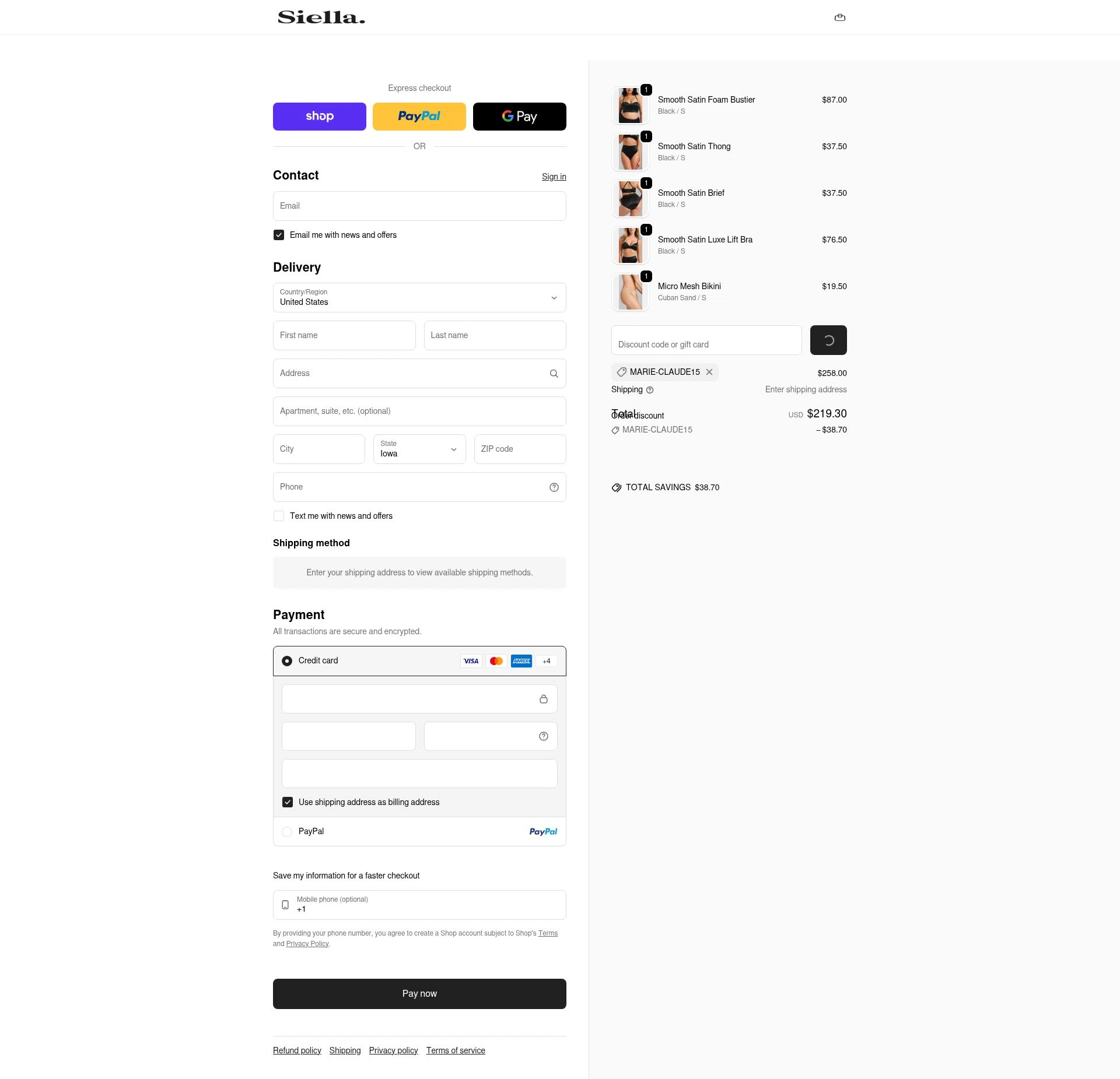 Siella checkout page showing Siella discount code box | Screenshot taken by SimplyCodes community member on Feb 20, 2026
