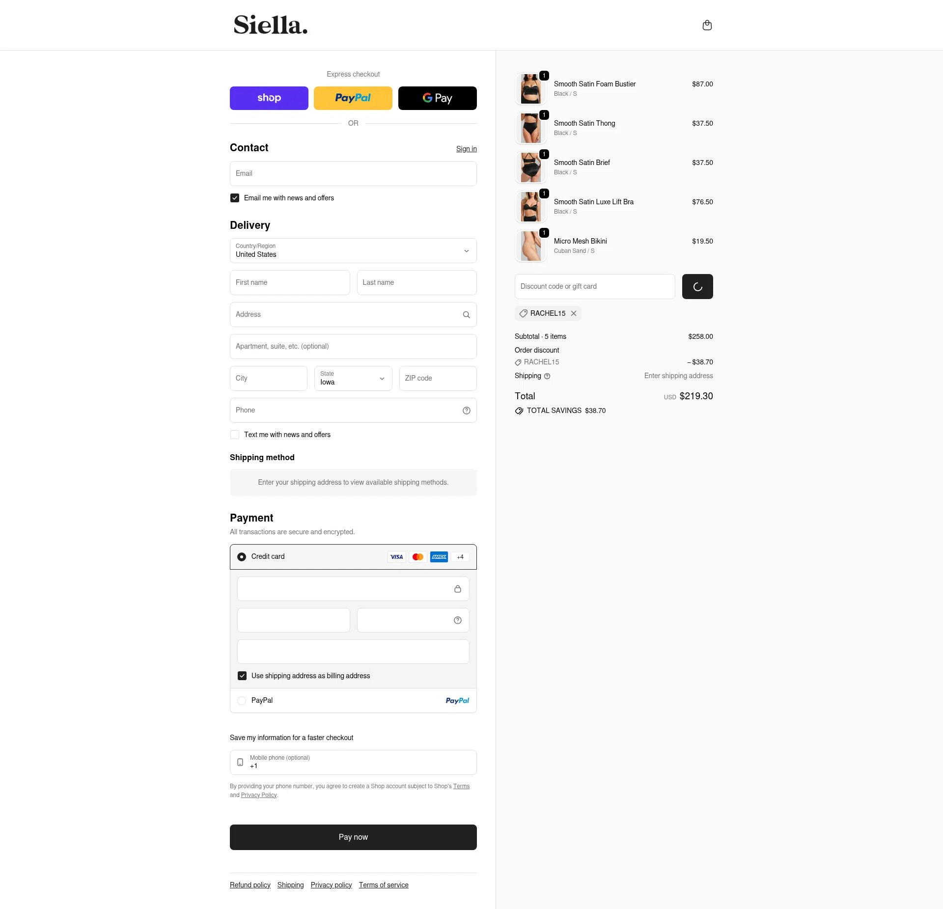 Siella checkout page showing Siella discount code box | Screenshot taken by SimplyCodes community member on Feb 19, 2026