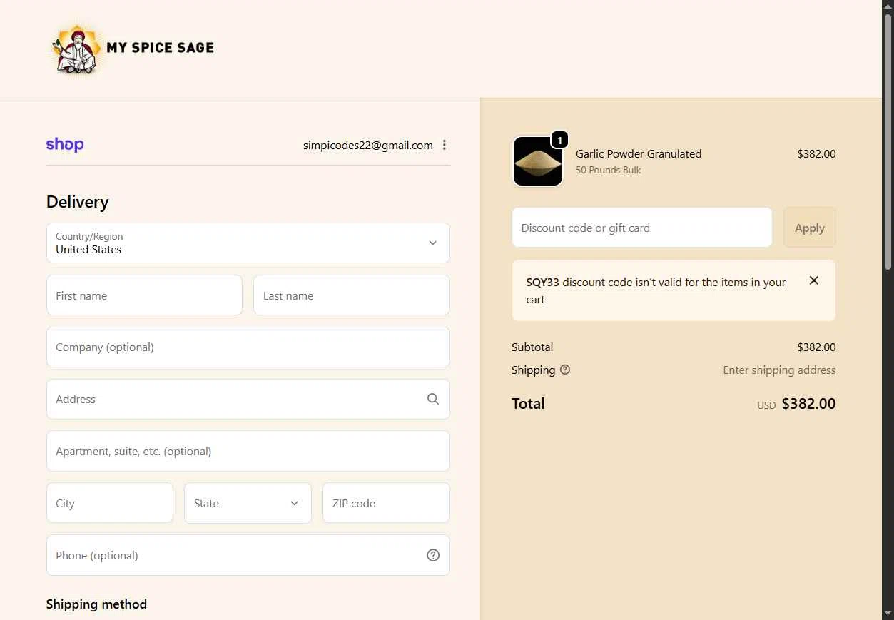 My Spice Sage checkout page showing My Spice Sage coupon code box | Screenshot taken by SimplyCodes community member on Jan 10, 2026