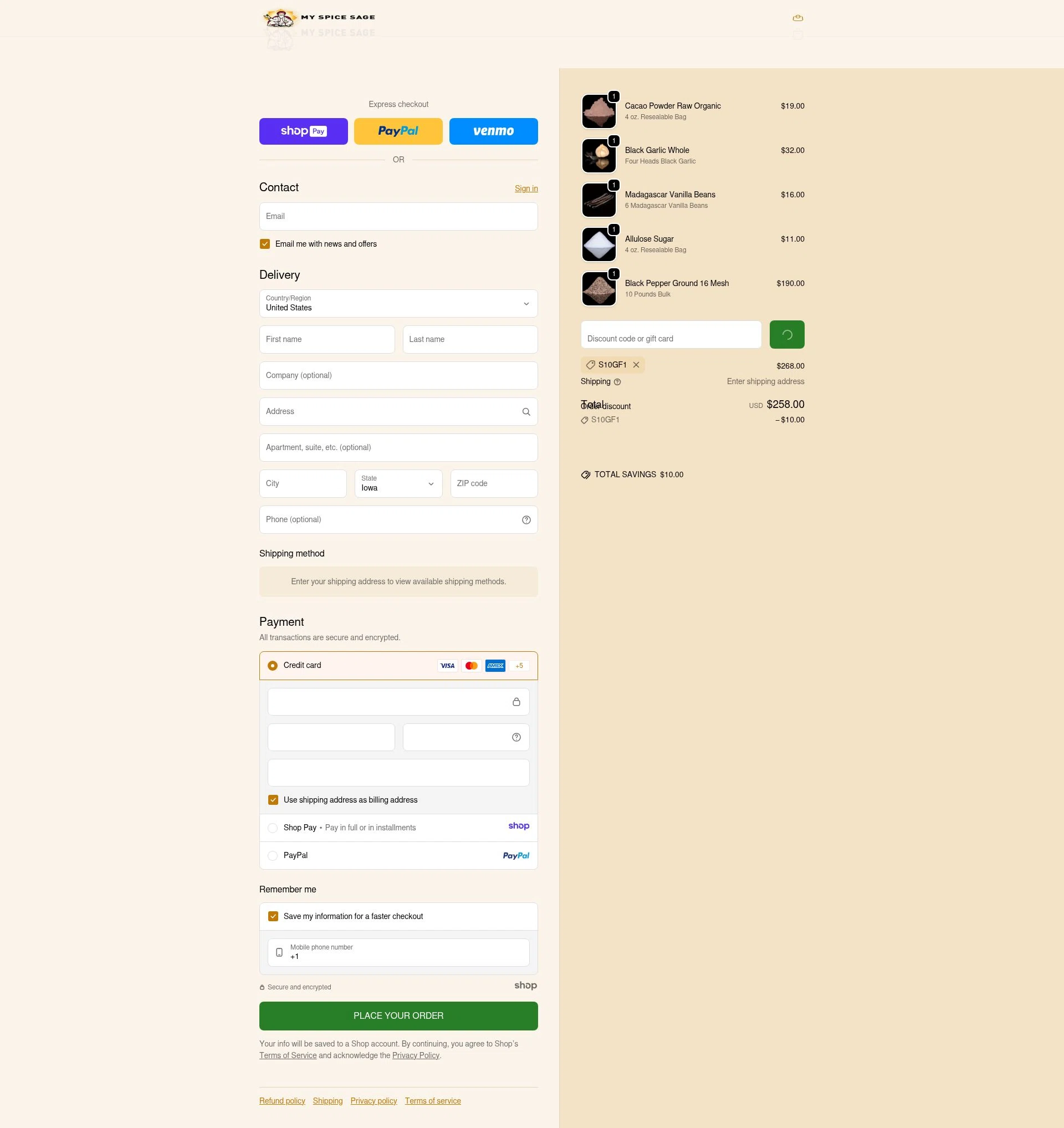 My Spice Sage checkout page showing My Spice Sage coupon code box | Screenshot taken by SimplyCodes community member on Jan 10, 2026