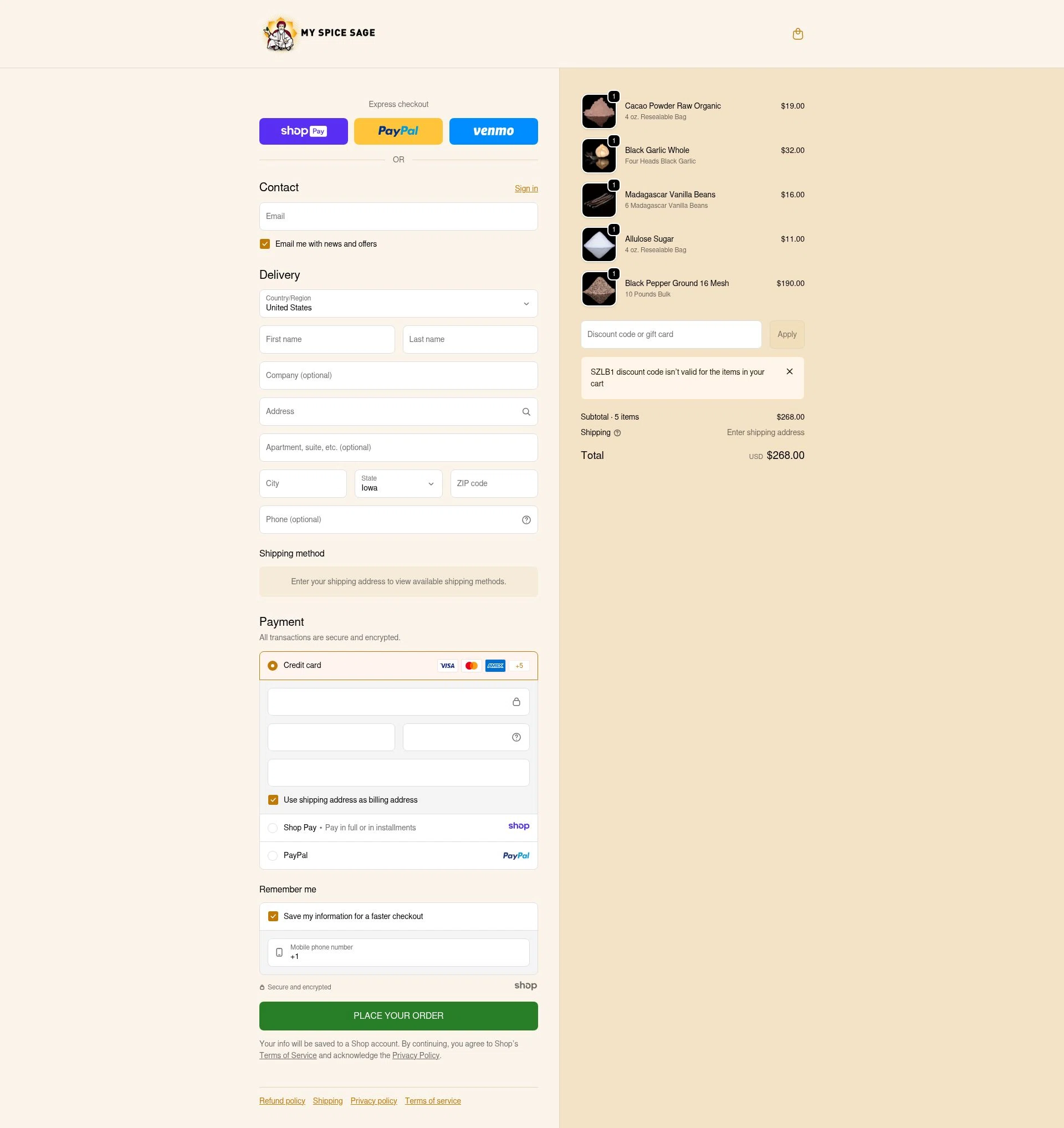 My Spice Sage checkout page showing My Spice Sage coupon code box | Screenshot taken by SimplyCodes community member on Jan 10, 2026