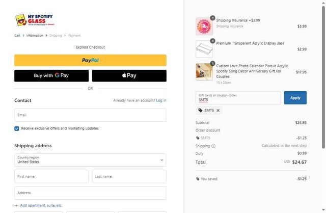 MySpotifyGlass checkout page showing MySpotifyGlass coupon code box | Screenshot taken by SimplyCodes community member on Jul 12, 2025