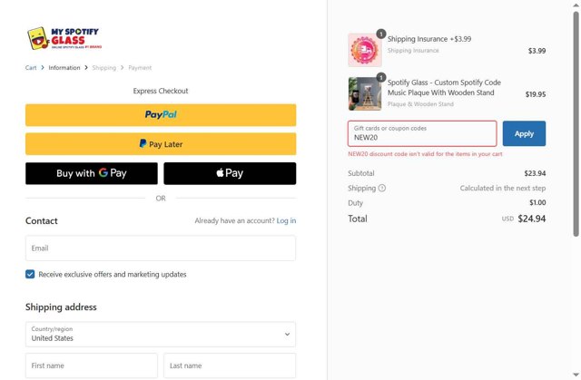 MySpotifyGlass checkout page showing MySpotifyGlass coupon code box | Screenshot taken by SimplyCodes community member on Jul 10, 2025