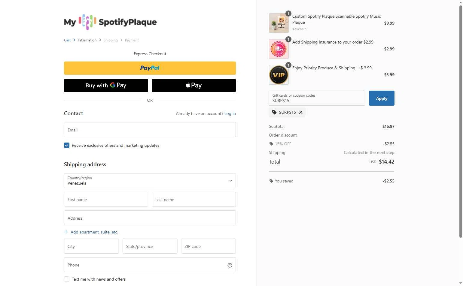 My Spotify Plaque checkout page showing My Spotify Plaque coupon code box | Screenshot taken by SimplyCodes community member on Oct 3, 2025