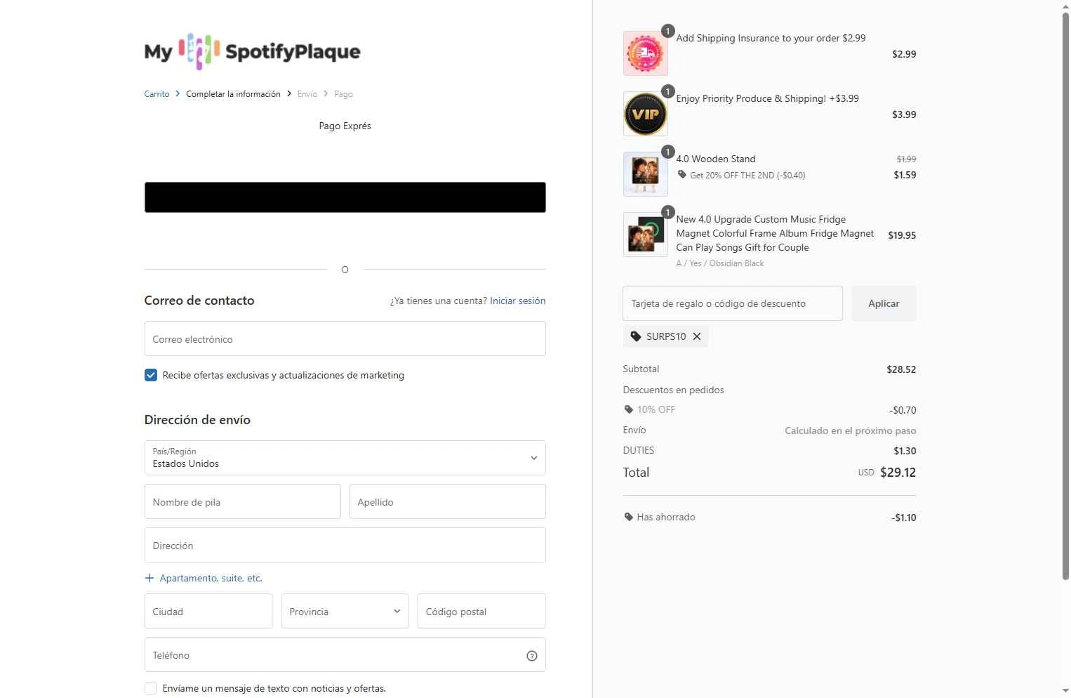 My Spotify Plaque checkout page showing My Spotify Plaque coupon code box | Screenshot taken by SimplyCodes community member on Dec 18, 2025