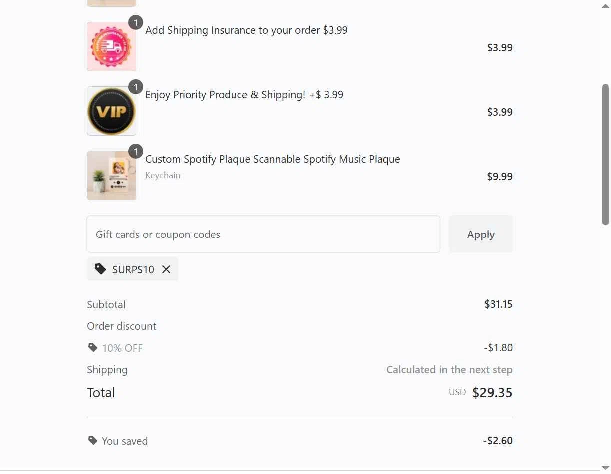 My Spotify Plaque checkout page showing My Spotify Plaque coupon code box | Screenshot taken by SimplyCodes community member on Oct 21, 2025