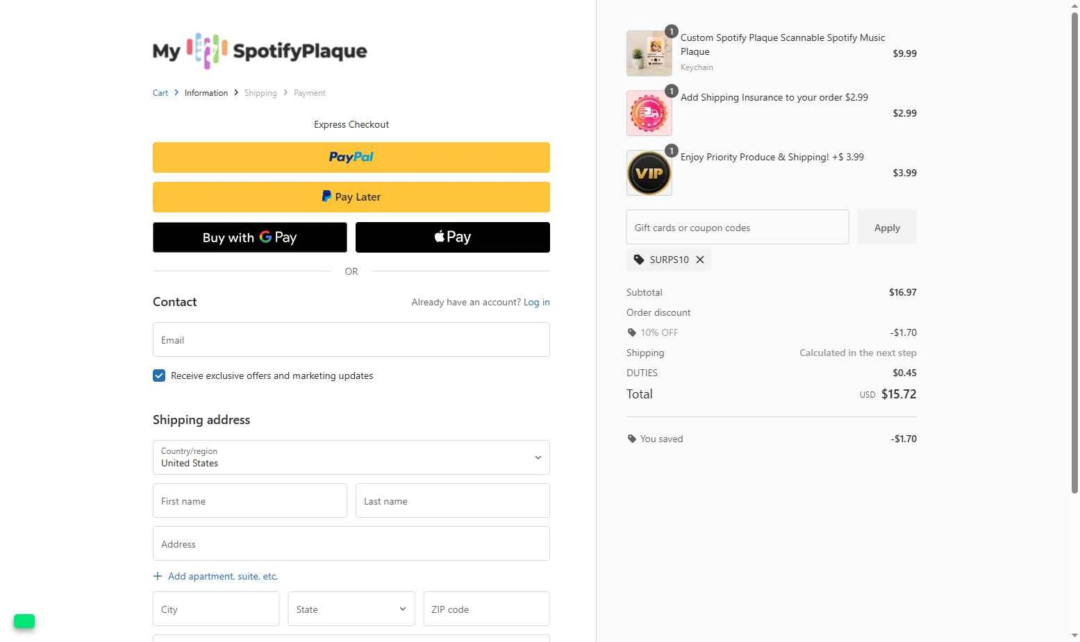 My Spotify Plaque checkout page showing My Spotify Plaque coupon code box | Screenshot taken by SimplyCodes community member on Oct 21, 2025