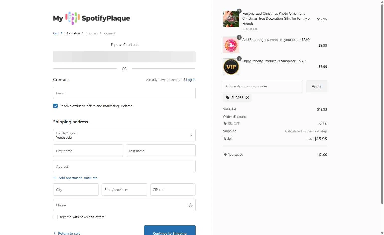 My Spotify Plaque checkout page showing My Spotify Plaque coupon code box | Screenshot taken by SimplyCodes community member on Dec 9, 2025