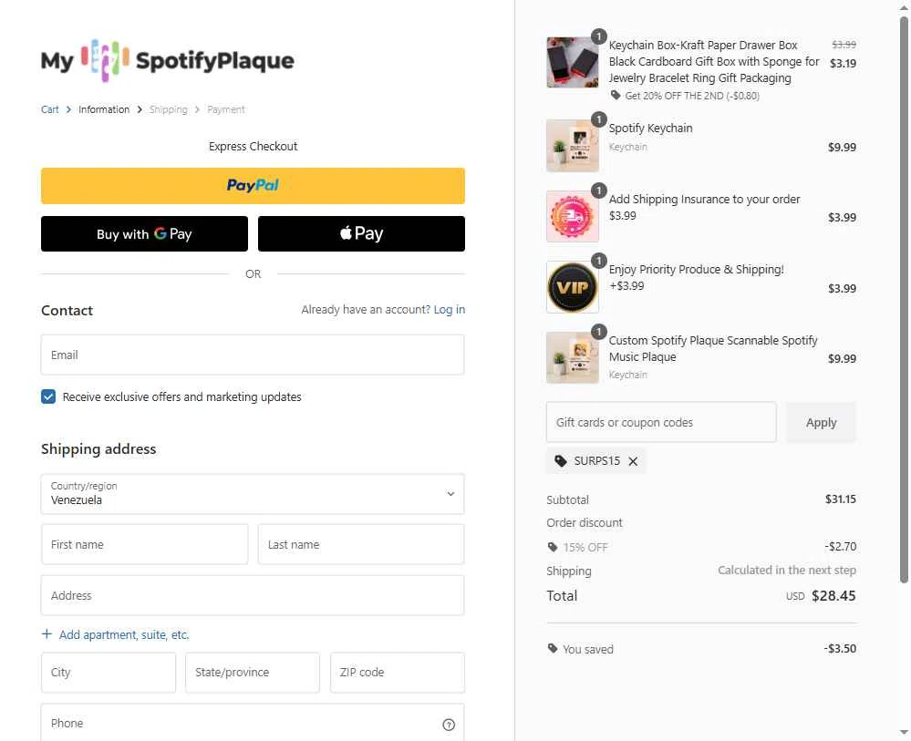 My Spotify Plaque checkout page showing My Spotify Plaque coupon code box | Screenshot taken by SimplyCodes community member on Dec 29, 2025
