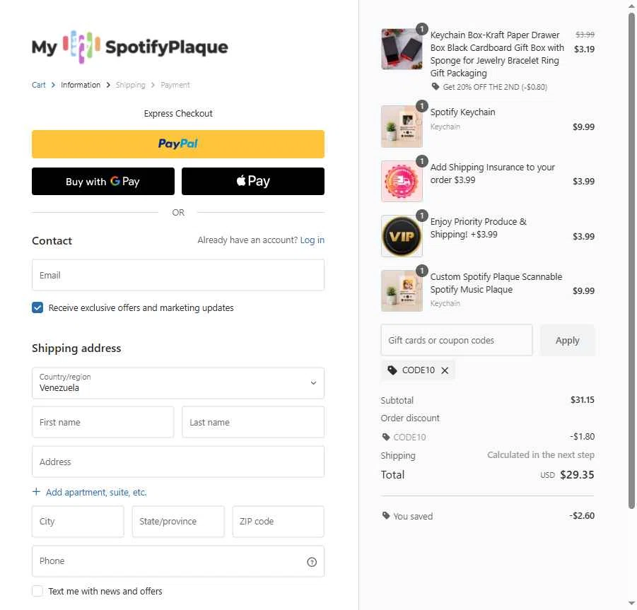 My Spotify Plaque checkout page showing My Spotify Plaque coupon code box | Screenshot taken by SimplyCodes community member on Dec 2, 2025