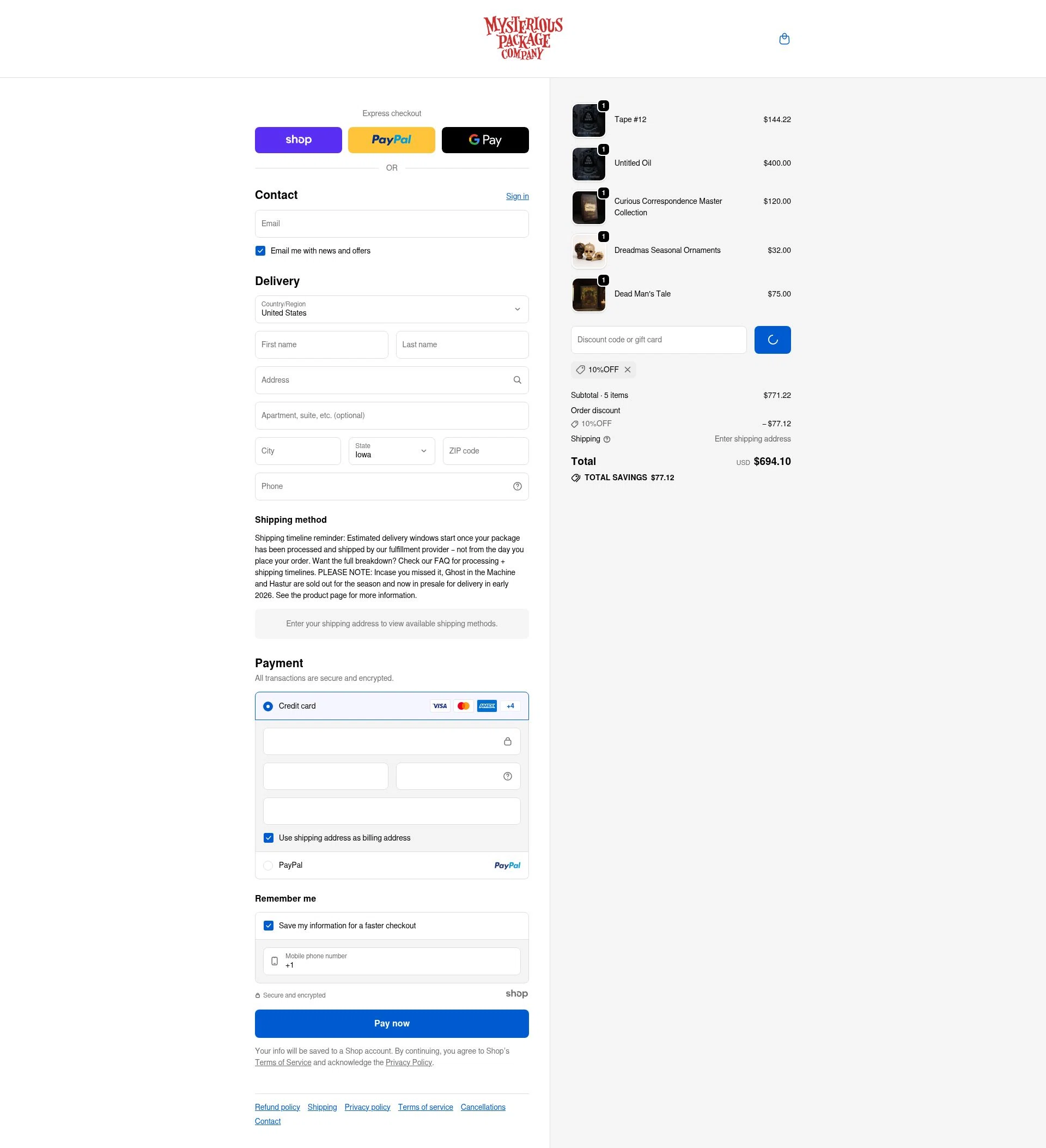 Mysterious Package checkout page showing Mysterious Package promo code box | Screenshot taken by SimplyCodes community member on Dec 27, 2025
