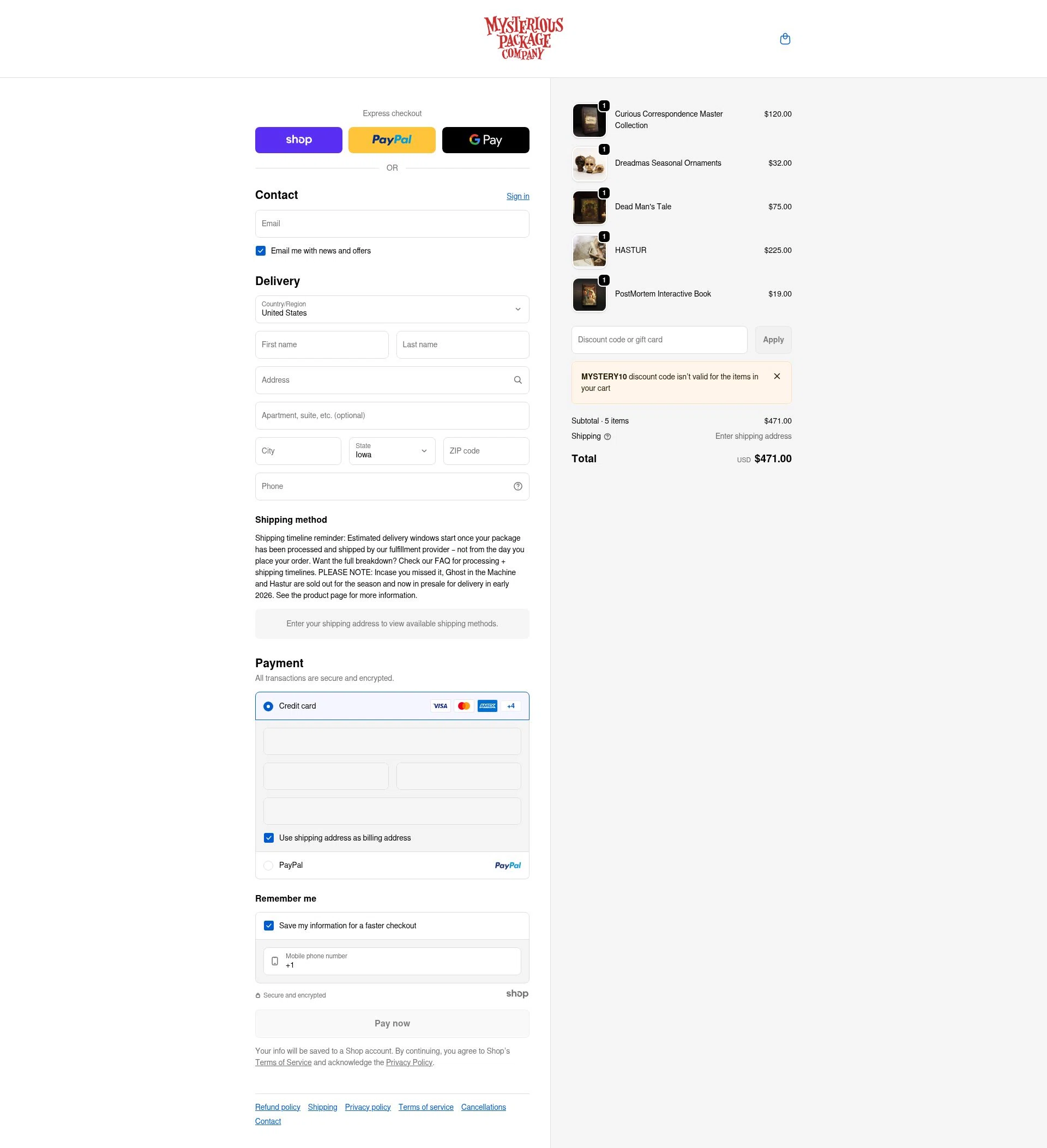 Mysterious Package checkout page showing Mysterious Package promo code box | Screenshot taken by SimplyCodes community member on Jan 1, 2026
