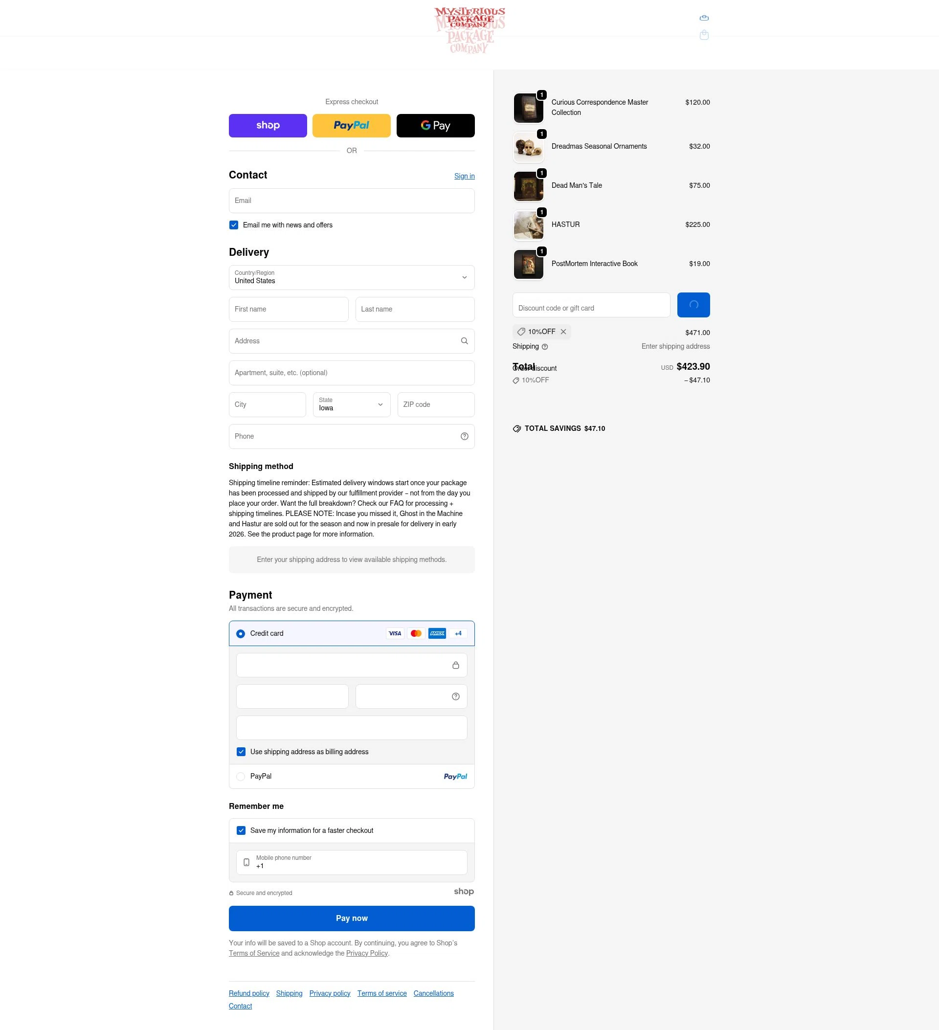 Mysterious Package checkout page showing Mysterious Package promo code box | Screenshot taken by SimplyCodes community member on Jan 1, 2026