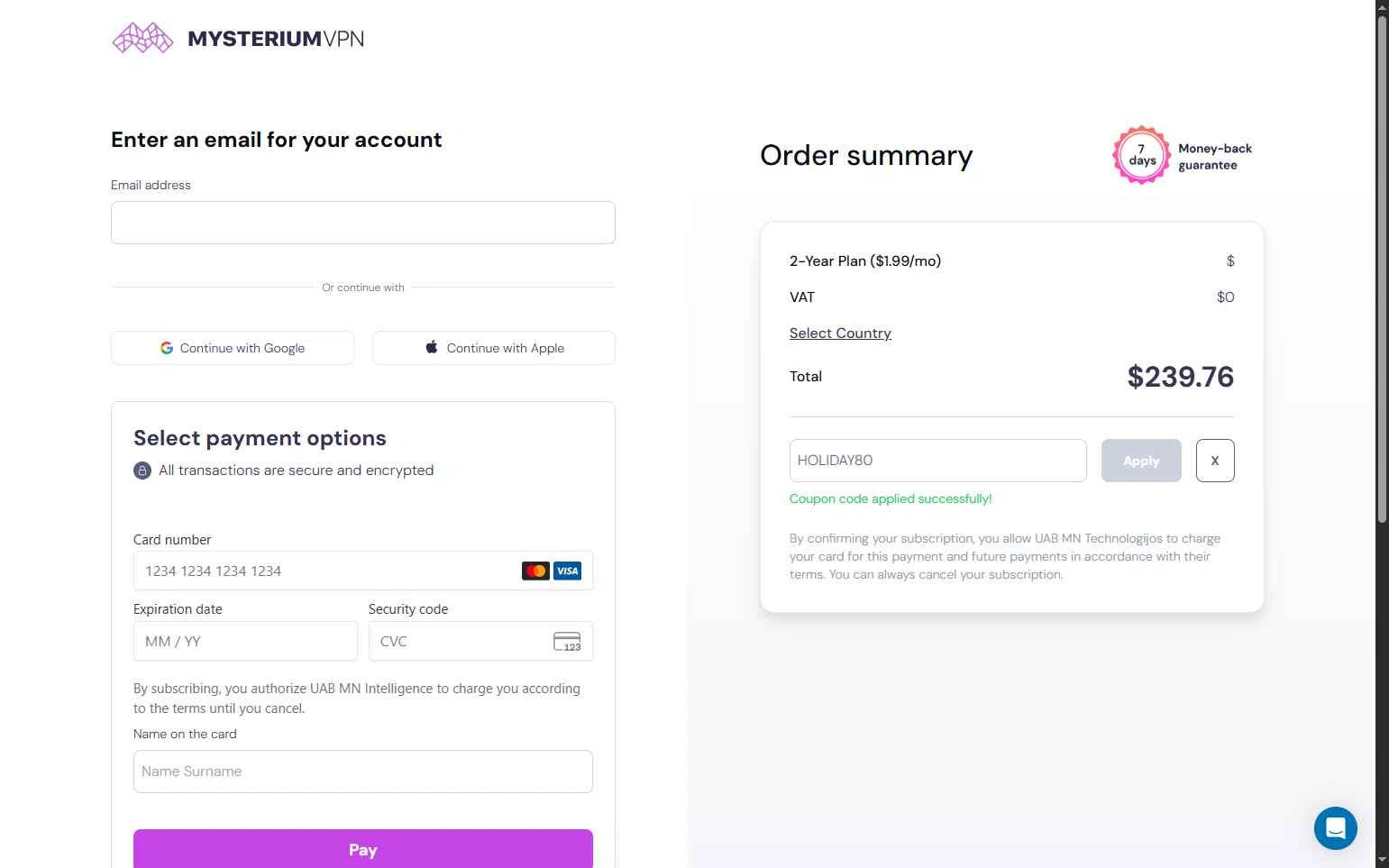 Mysterium VPN checkout page showing Mysterium VPN coupon code box | Screenshot taken by SimplyCodes community member on Dec 31, 2025