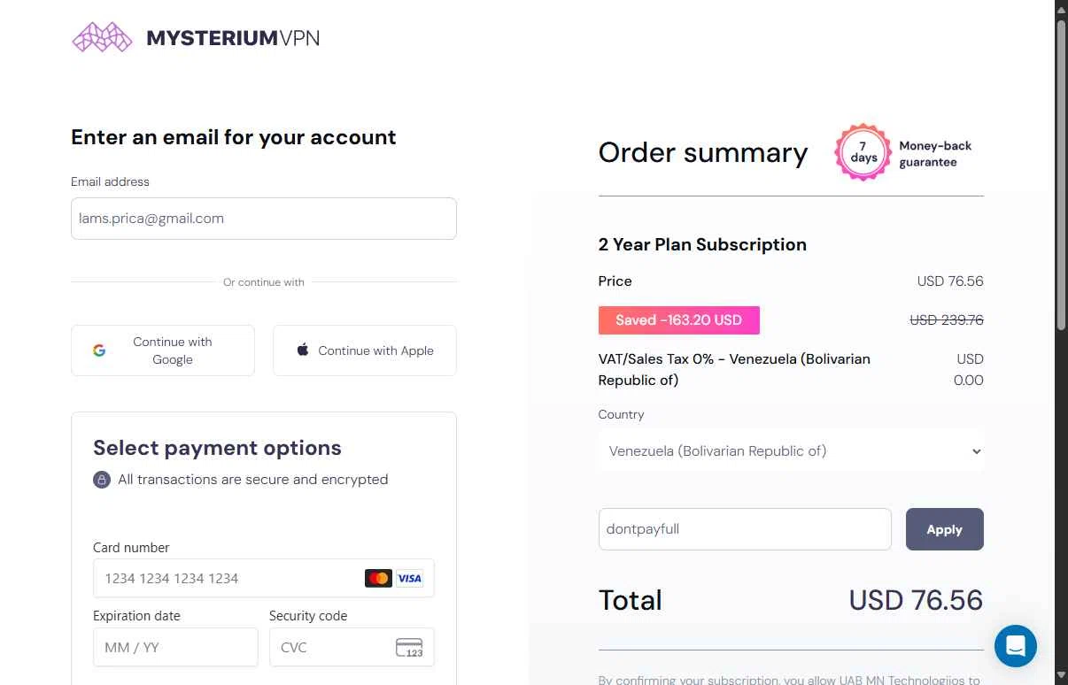 Mysterium VPN checkout page showing Mysterium VPN coupon code box | Screenshot taken by SimplyCodes community member on Sep 15, 2025