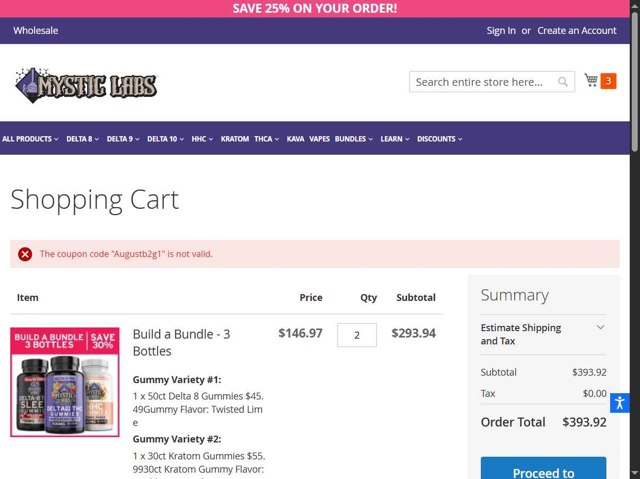 Mystic Labs checkout page showing Mystic Labs coupon code box | Screenshot taken by SimplyCodes community member on Sep 4, 2025