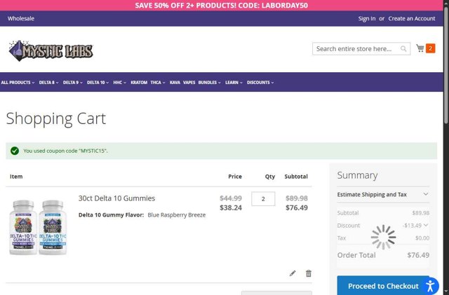 Mystic Labs checkout page showing Mystic Labs coupon code box | Screenshot taken by SimplyCodes community member on Sep 3, 2025