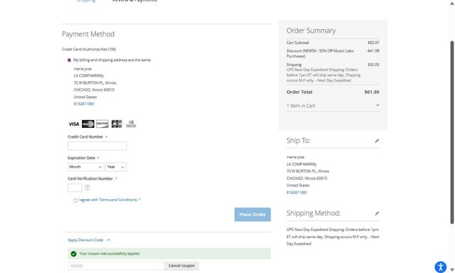 Mystic Labs checkout page showing Mystic Labs coupon code box | Screenshot taken by SimplyCodes community member on Aug 4, 2025