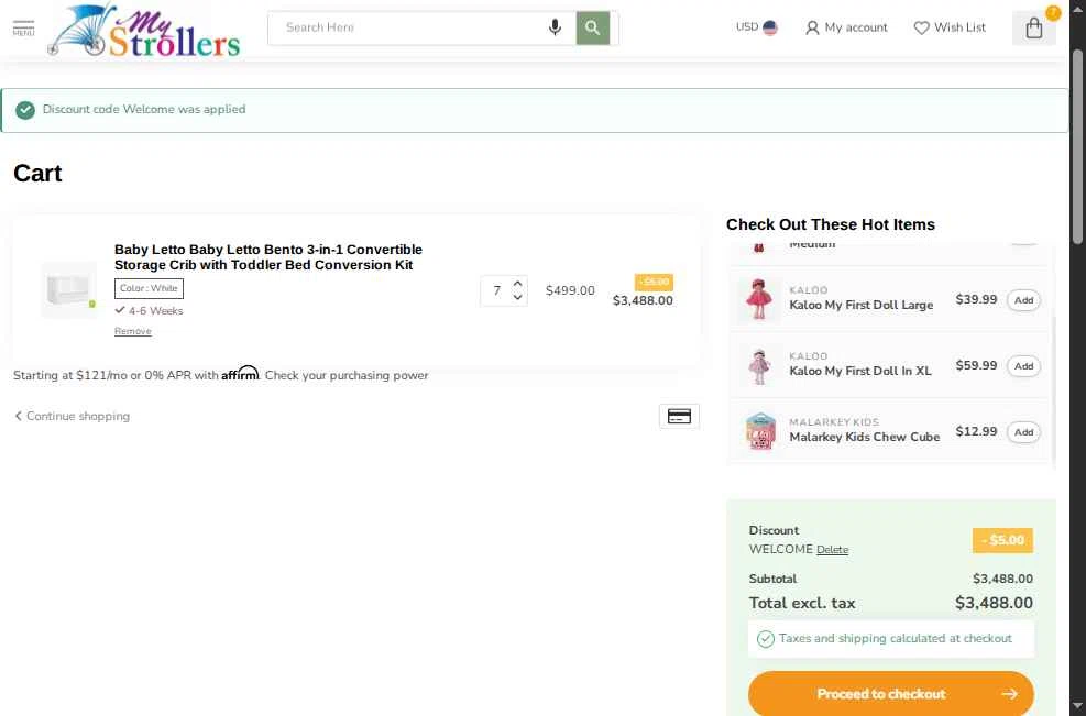 MyStrollers checkout page showing MyStrollers promo code box | Screenshot taken by SimplyCodes community member on May 12, 2025
