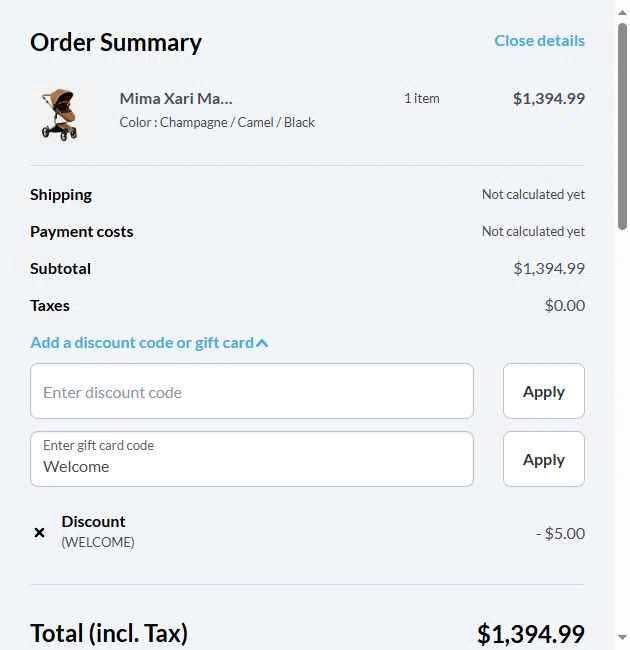 MyStrollers checkout page showing MyStrollers promo code box | Screenshot taken by SimplyCodes community member on May 12, 2025