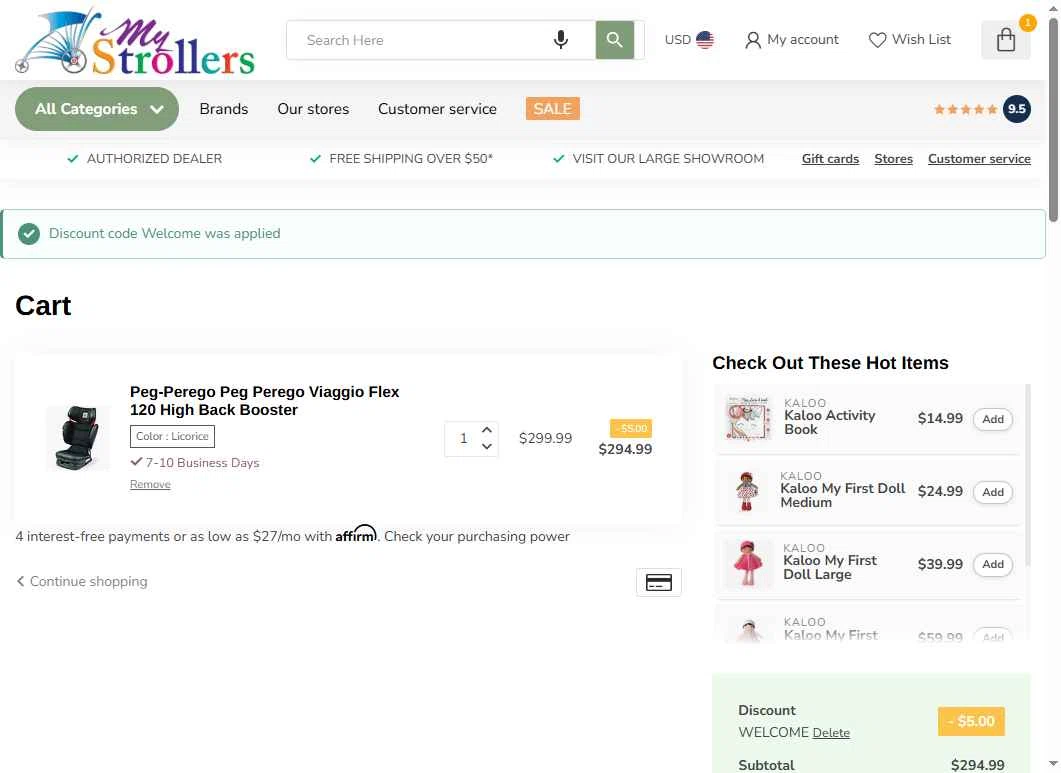 MyStrollers checkout page showing MyStrollers promo code box | Screenshot taken by SimplyCodes community member on May 12, 2025
